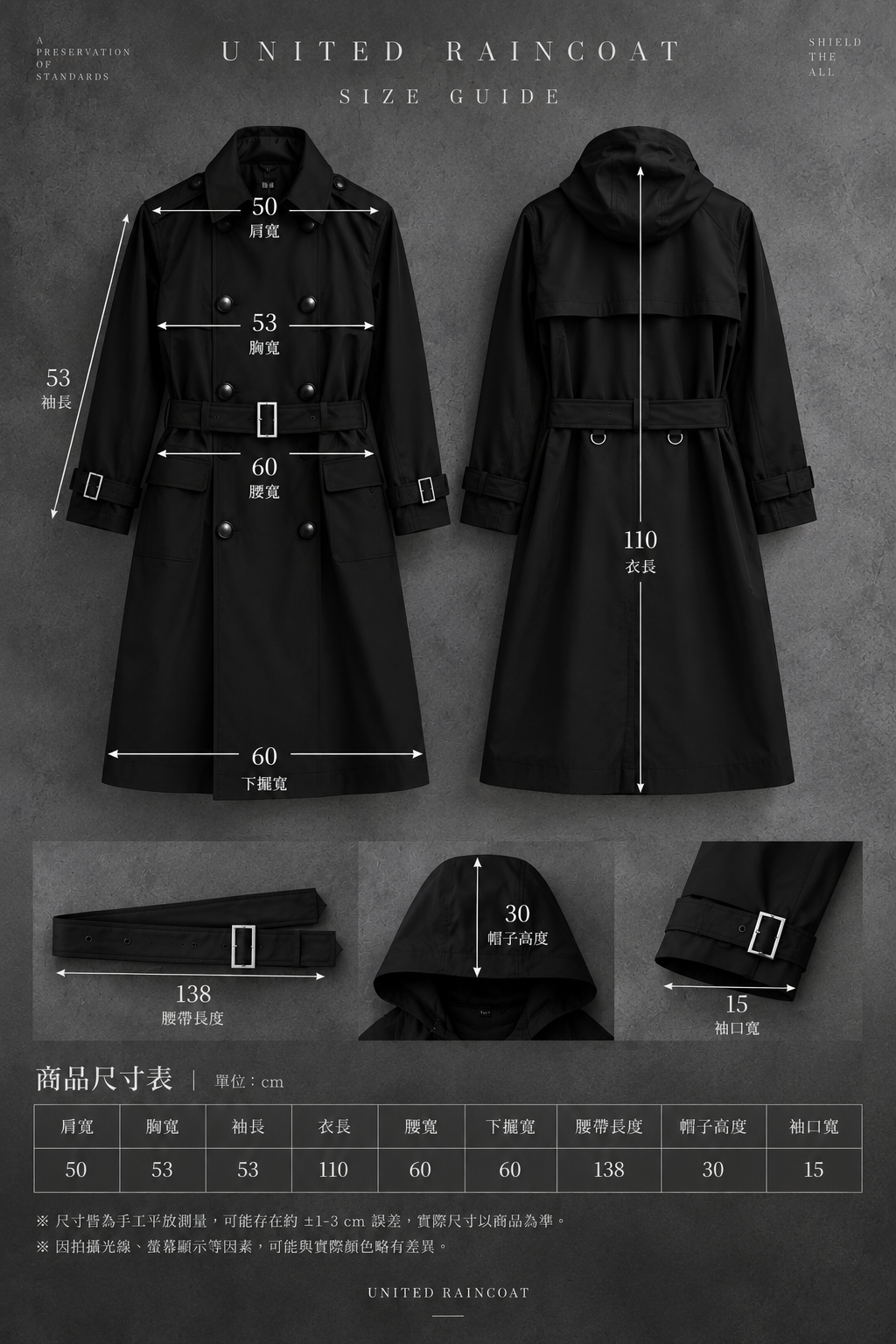 UNITED RAINCOAT THE TRENCH I 黑色風衣尺寸表，標示肩寬、胸寬、袖長、衣長等尺寸，單位為公分